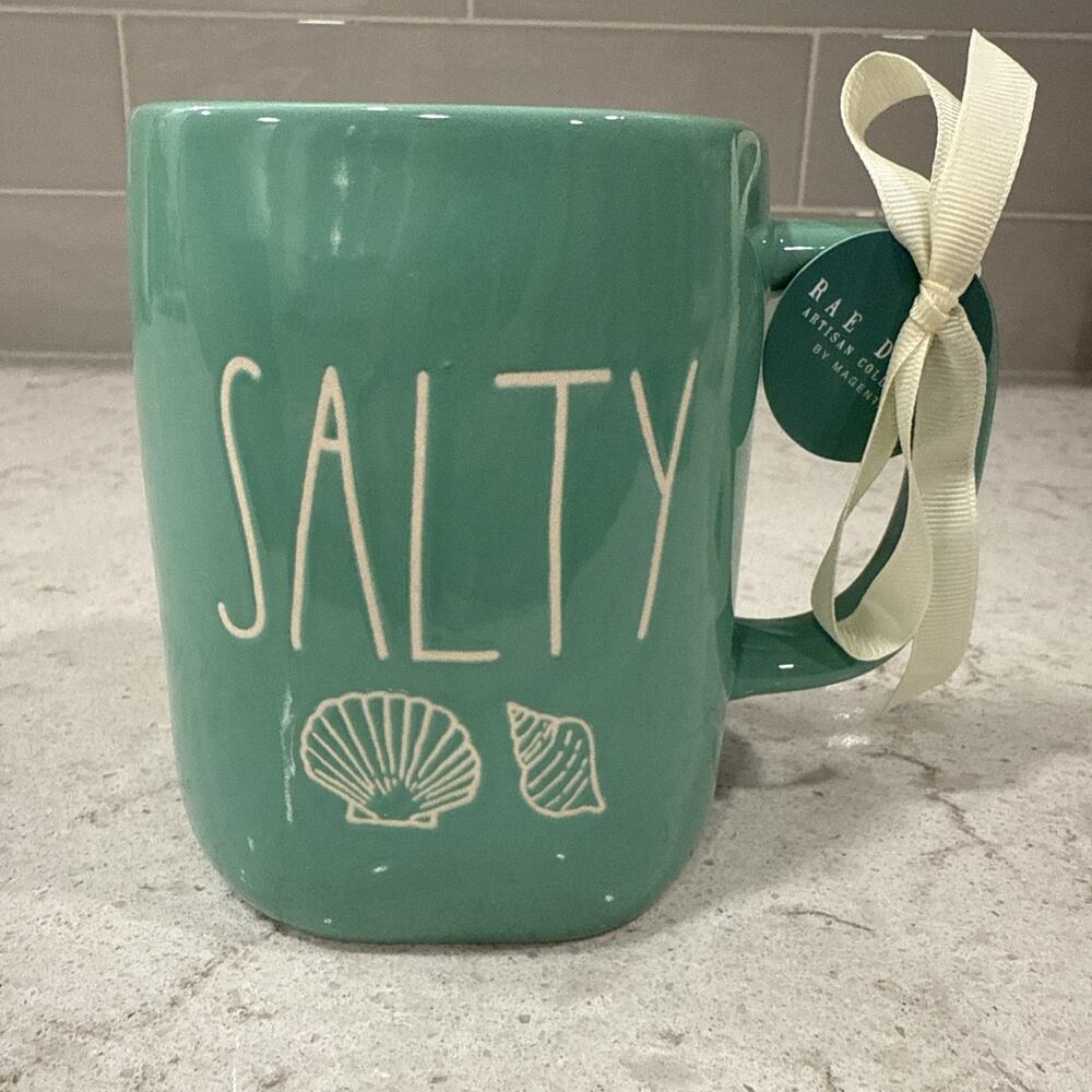 SALTY Mug by Rae Dunn Teal Green Ceramic Seashells Summer Beach Coastal Ocean